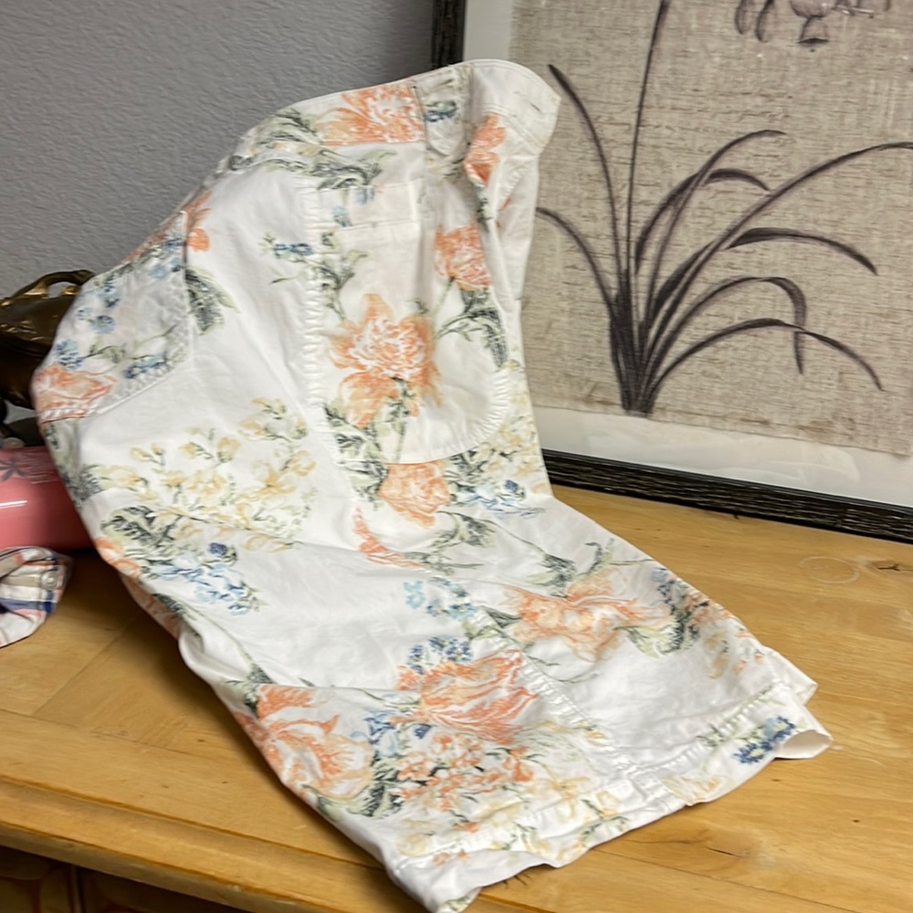 Chicos bermudas in soft florals of peach, ochre and lt blue